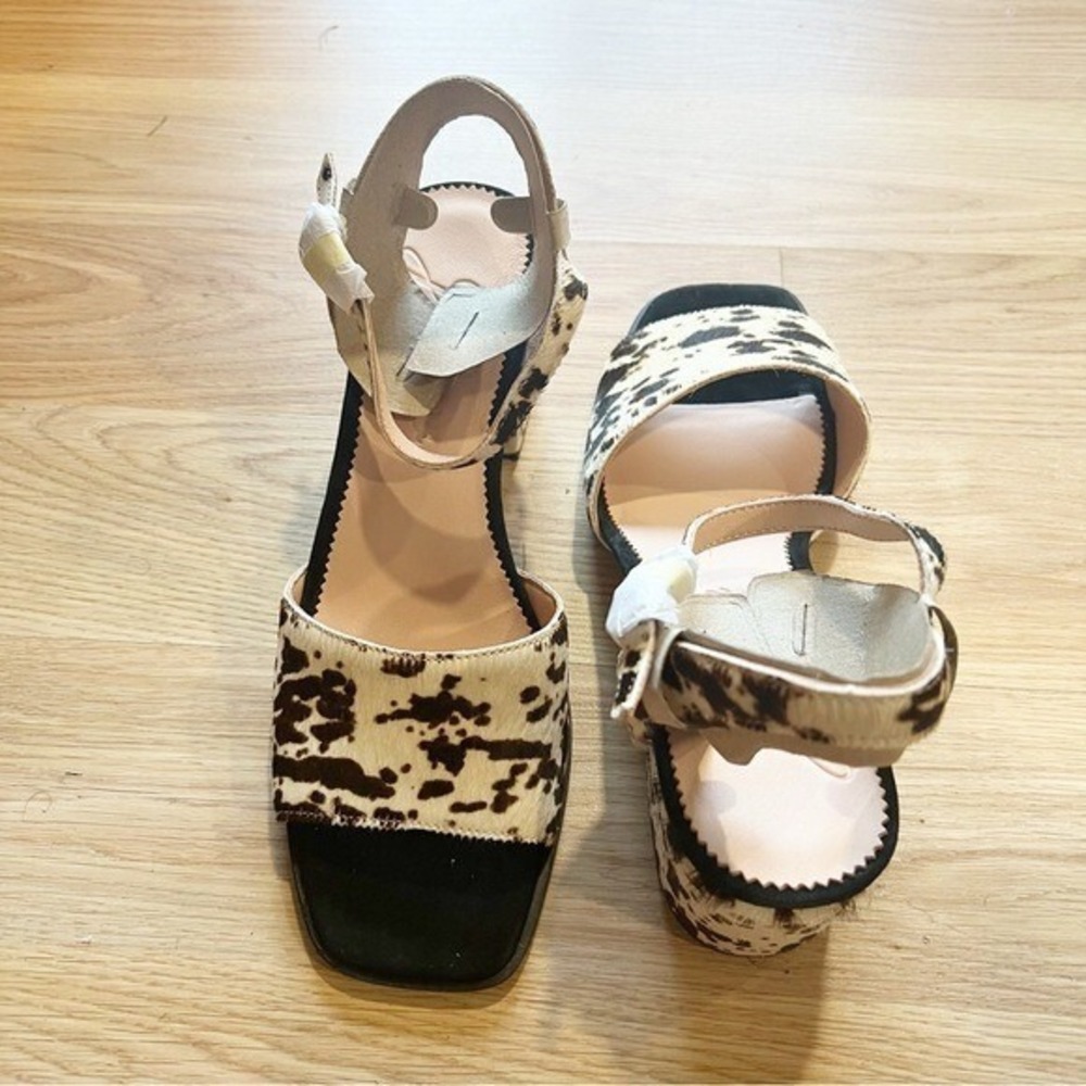 J.Crew Cow Print Calf Hair Block Heel Sandals Square Toe Brown White Womens 8 - Picture 3 of 11